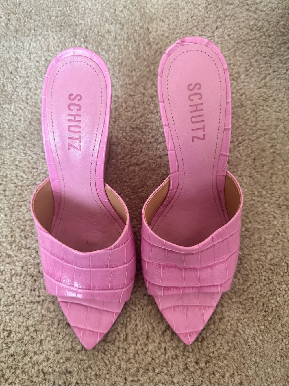 SCHUTZ Pink Croc-Embossed Pointed Toe Slip-On Mules
